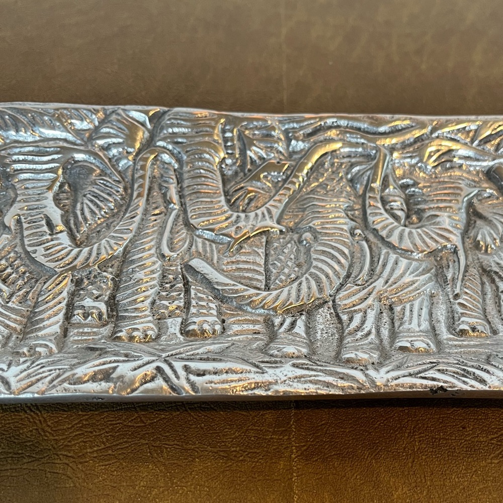 Decorative Seving Tray with Raised Relief Design of Elephants in Jungle Setting